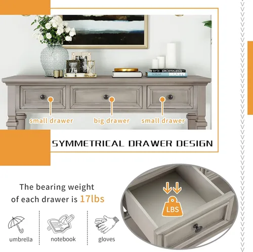 Miniatura 5 de RuiSiSi Mesa consola de granja con 3 cajones y estante inferior, mesa de sofá de madera maciza para sala de estar, comedor, entrada, gris lavado