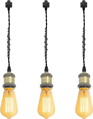 Miniatura 30 de Kiven 3 luces H System Track Mini colgante, soporte de lámpara con acabado negro perla, kit de luces de riel, colgante de rosa, tela trenzada