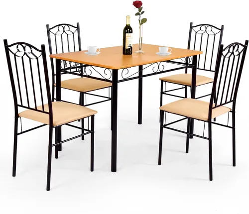 Tangkula Juego de mesa de comedor de 5 piezas, mesa de comedor y sillas acolchadas con parte superior de madera vintage, muebles de comedor y cocina