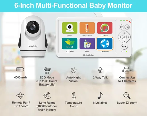 Miniatura 2 de HelloBaby - Monitor de bebé sin WiFi con pantalla de 3.2 pulgadas, cámara con zoom de inclinación panorámica 2-Way Talk, Night Vision, ECO VOX