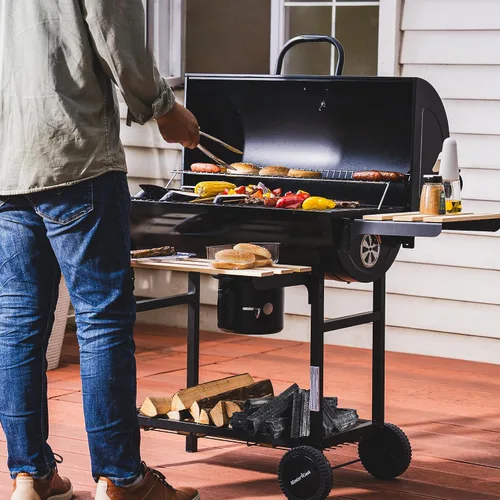 Miniatura 8 de MASTER COOK Parrilla de carbón de barril con estante frontal plegable de madera, 686 pies cuadrados área de cocina al aire libre, termómetro
