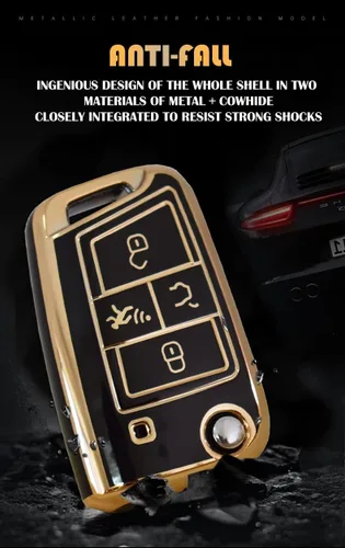 Miniatura 3 de SANRILY Golden-Edge - Funda para llavero de 4 botones para VW Tiguan Golf Jetta Polo Atlas Skoda de protección completa sin llave con llavero