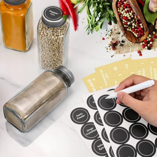 Miniatura 5 de Aozita - 14 tarros para especias de vidrio con tapas negras, botellas vacías cuadradas de 4 oz y etiquetas de especias, tapas negras de coctelera