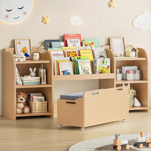 Miniatura 10 de ONBRILL Estantería para niños con rincón de lectura, organizador de almacenamiento de juguetes de 55.2 pulgadas, 6 cubos de almacenamiento