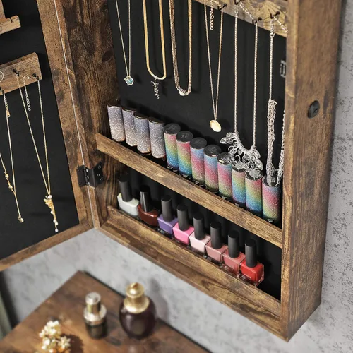 Miniatura 9 de SONGMICS Armario de joyería con cerradura con espejo, organizador de almacenamiento de joyas para ahorrar espacio montado en la pared, color marrón