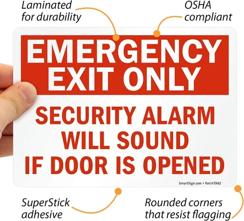 Miniatura 4 de SmartSign Paquete de 4 etiquetas adhesivas de 5 x 7 pulgadas con texto en inglés "Solo salida de emergencia, alarma de seguridad sonará si la puerta