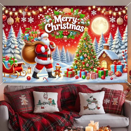 Miniatura 5 de HOMETITUTE Cartel de Navidad de 71 x 43 pulgadas, telón de fondo rojo de Papá Noel con árbol de regalo, decoración de nieve en trineo