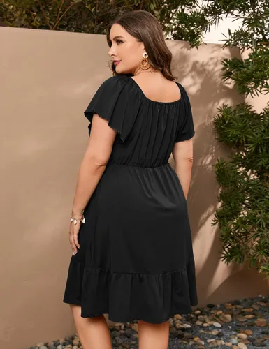 Miniatura 6 de ShopWonder Vestidos hawaianos de talla grande para mujer, vestido de cuello cuadrado, manga corta, casual, acampanado, vestido de verano