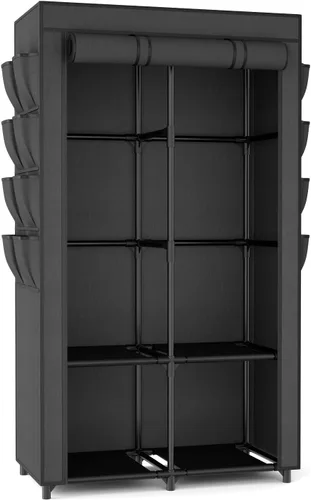 Miniatura 9 de Armario portátil para colgar ropa, armario portátil con tapa, 4 estantes de almacenamiento, 2 varillas para colgar y 8 bolsillos laterales, fácil