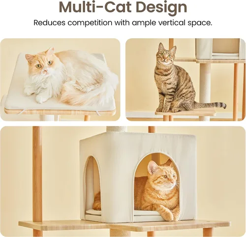 Miniatura 5 de MWPO Árbol moderno para gatos, torre de madera de lujo para gatos de interior, perchas grandes con cojines suaves, condominio para gatos grandes