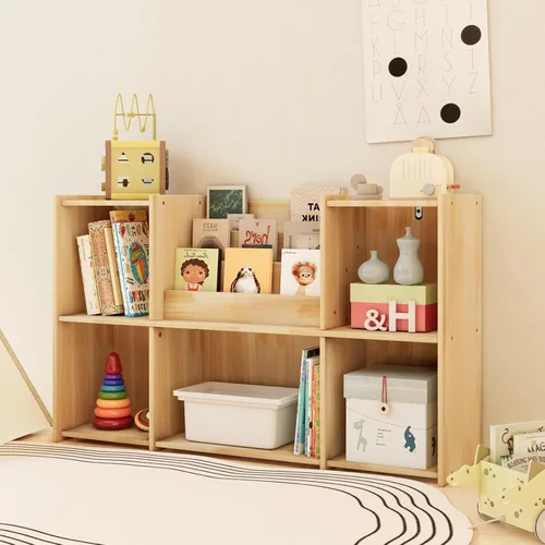 Miniatura 5 de Estantería de madera, estantería horizontal de perfil bajo de 2 niveles con organizador de almacenamiento, madera certificada FSC, estante