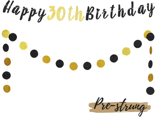 Miniatura 21 de Juego de decoración de cumpleaños número 100 – Cartel de feliz cumpleaños número 100 con puntos circulares de purpurina negra y dorada que saluda a