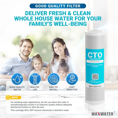 Miniatura 6 de Max Water CTO - Cartucho de filtro de repuesto de 5 micras, 10 x 2.5 pulgadas, bloque de carbono de cáscara de coco para sistema de filtración