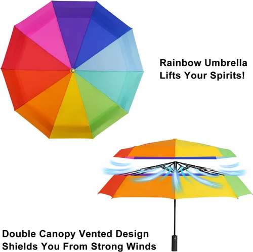 Miniatura 2 de Lejorain Paraguas grande de golf resistente al viento, 54 pulgadas, doble capa, arco iris, 10 varillas, paraguas plegable de viaje, compacto, cierre