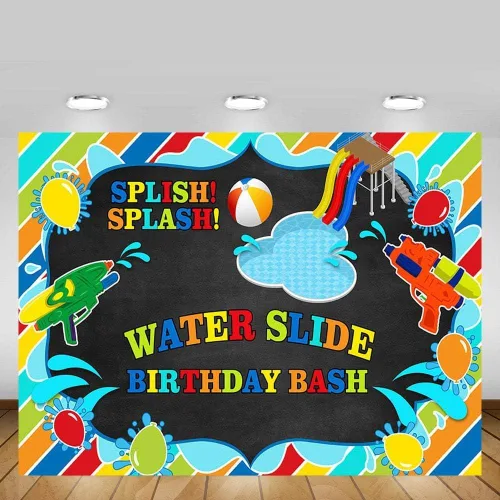 Miniatura 8 de MEHOFOND Tobogán acuático para niños, telón de fondo de fiesta de cumpleaños, salpicaduras, pizarrón, fiesta, verano, piscina, pistola, fondo