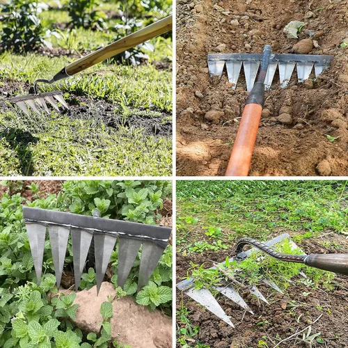 Miniatura 4 de Rastrillo de jardín, herramientas de jardinería rastrillo resistente con 5 dientes de metal, herramientas de deshierbe de jardín de borde afilado
