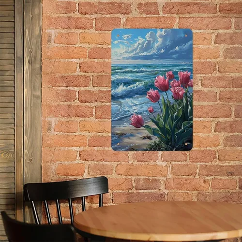Miniatura 7 de Coastal Tulips with Ocean Waves Metal Tin Sign Wall Decor Retro Sign for Home Living Room Bedroom Coffee Wall Decor Halloween Christmas Gifts