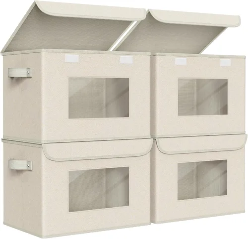 Miniatura 8 de Univivi Cajas de almacenamiento plegables de tela con tapas para ropa, [paquete de 3] cajas organizadoras de armario con asas para el hogar, Beige