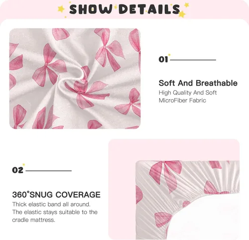 Miniatura 4 de Burbuja Sábana bajera ajustable para cuna para niñas y niños, con lazo rosa, suave, transpirable, para colchones estándar de cuna y cama de niño