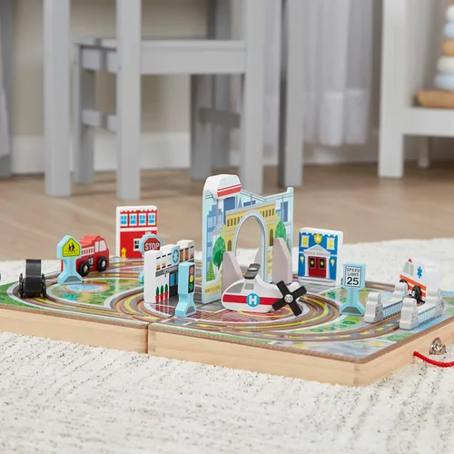 Miniatura 9 de Melissa & Doug Ciudad de mesa de madera desmontable de 18 piezas, 4 vehículos de rescate, piezas de juego, puente