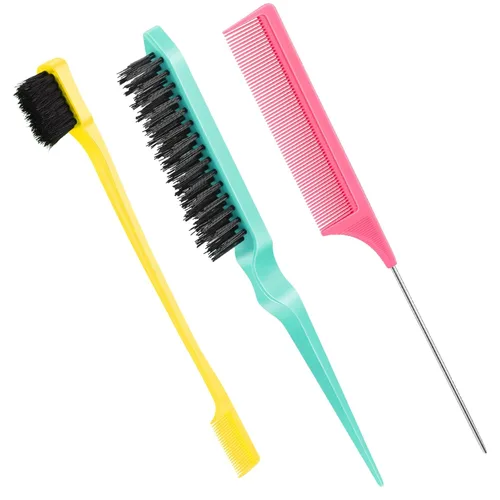 Miniatura 17 de Geiserailie Juego de 3 Cepillos para Cabello Slick Back, Cepillo de Cerdas, Control de Bordes, Peine Desenredante para Cabello Negro de Mujeres Rosa