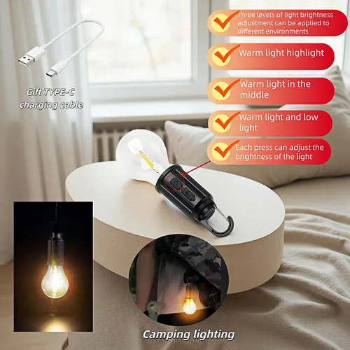 Miniatura 6 de Linterna LED portátil para campamento, gancho para colgar en cualquier lugar, recargable USB-C, 3 modos de brillo, resistente al agua