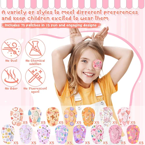 Miniatura 5 de 75 parches para ojos para niños, 15 estilos lindos, parches adhesivos de algodón suave y transpirable para ambliopía y ojo vago, vendajes