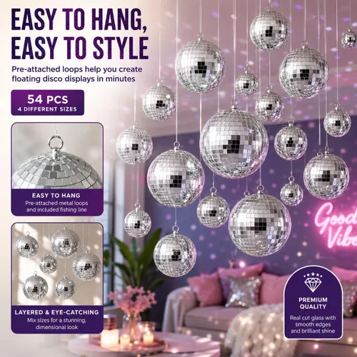 Miniatura 4 de Youdepot 54 mini bolas de discoteca plateadas, adornos de bola de disco colgantes para decoración de bolas de discoteca, mini bolas de discoteca