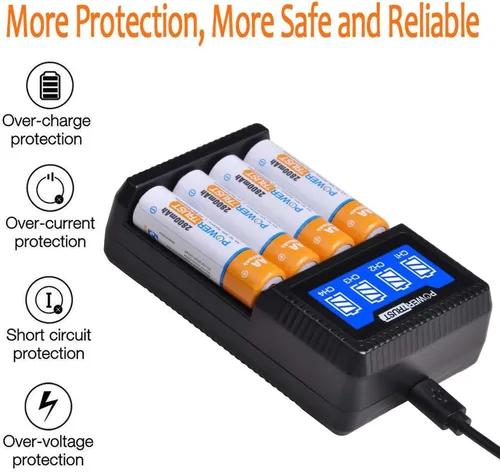 Miniatura 4 de Paquete de 4 baterías recargables AA de 2800 mAh y cargador USB LCD para baterías recargables AA AAA Ni-MH con 4 ranuras