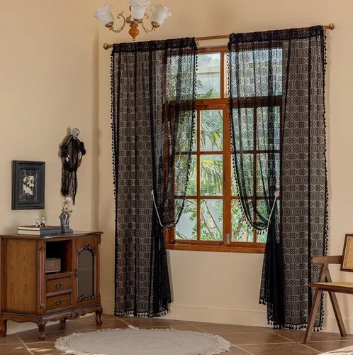 Miniatura 45 de YJ YANJUN - Cortinas de café boho, 24 pulgadas de largo, 2 paneles, cada una de 59" de ancho x 24" de largo, beige, con crochet, cortinas de cocina