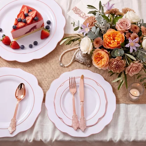 Miniatura 7 de NOCCUR 175 platos de plástico color oro rosa con cubiertos desechables, incluye 25 platos de cena, 25 platos de postre, 25 tenedores, 25 cuchillos
