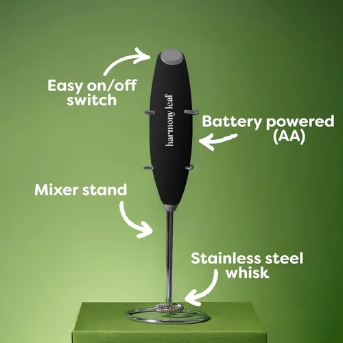 Miniatura 3 de Harmony Leaf Espumador de leche de mano, mezclador eléctrico de bebidas de acero inoxidable con soporte, espumador de café a pilas para lattes