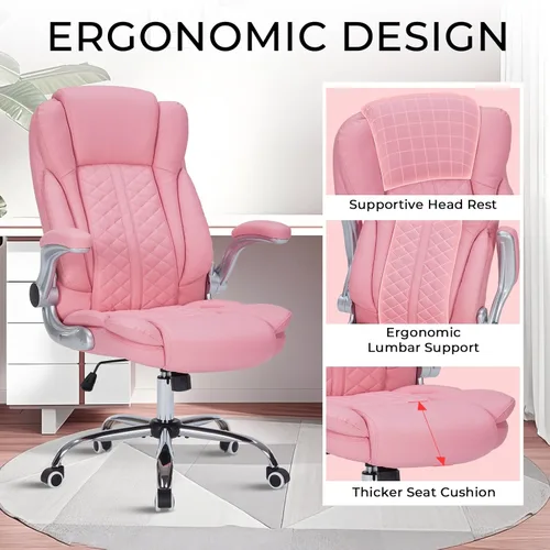 Miniatura 5 de Silla de oficina ejecutiva de 400 libras con reposabrazos abatibles, silla de computadora grande y alta para personas pesadas, silla ergonómica Rosa