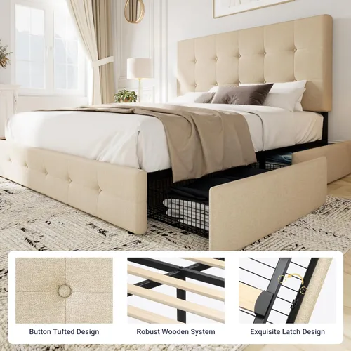 Miniatura 6 de Allewie - Base de cama tapizada de tamaño Full con plataforma, con 4 cajones de almacenamiento y cabecera, diseño cosido en cuadrados con botones