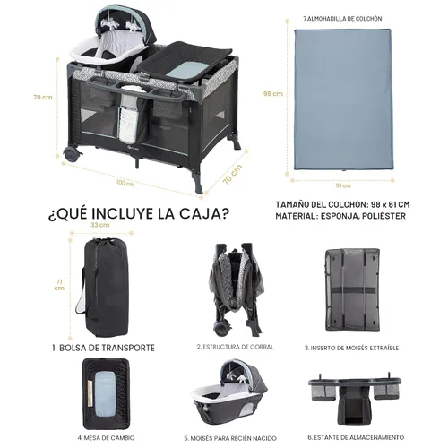 Miniatura 7 de 5 en 1 Paquete Multifuncional Pack and Play, Qutanix Corralito Plegable para Bebés con Cunas, Mesa Cambiador, Nido para Recién Nacidos con Dosel