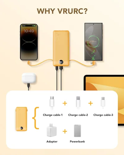 Miniatura 4 de VRURC Cargador portátil con cables integrados y enchufe de pared de CA, cargador de batería USB C de 10000 mAh, cargador de batería de viaje, Naranja