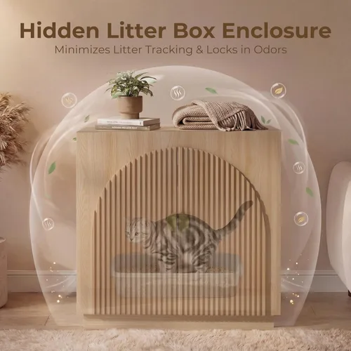 Miniatura 4 de Amunrbrek Caja de arena grande, armario oculto estriado para gatos con almacenamiento, aparador curvado simétrico (natural)