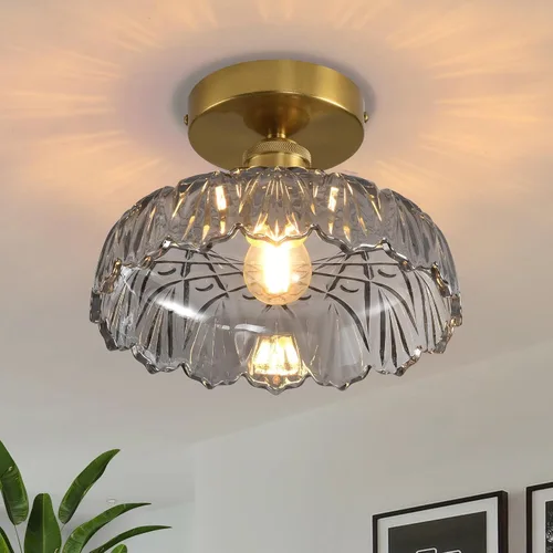 Lámpara de techo de montaje semiempotrado estilo mediados del siglo XX con pantalla de vidrio floral en color gris humo, accesorios de iluminación