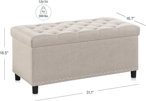 Miniatura 3 de BELLEZE Otomana de almacenamiento, otomana copetuda con bisagra de cierre, reposapiés para sala de estar (beige, 31 pulgadas)