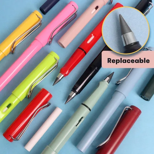 Miniatura 6 de Paquete de 12 lápices Forever para niños para escribir, lápiz infinito, lindo lápiz eterno sin tinta con borrador para bocetos (negro)