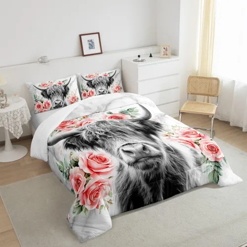 Miniatura 3 de Erosebridal - Juego de funda de edredón con flores de vaca de las Highlands, tamaño Queen, diseño de toro, juego de ropa de cama de ganado vacuno
