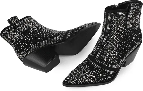 Miniatura 3 de ISNOM Rhinestone Cowboy Boots Sparkly Ankle Boots with Pointed Toe and Chunky Heel Design