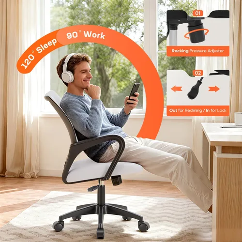 Miniatura 4 de BestOffice Silla de oficina ergonómica Silla de escritorio giratoria de respaldo medio Respaldo transpirable y soporte lumbar Altura Blanco