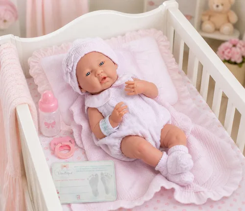 Miniatura 6 de Muñeca bebé "Real Girl" de 15" Anatómicamente correcta JC Toys - La recién nacida Fabricada en España Traje de punto rosa y accesorios