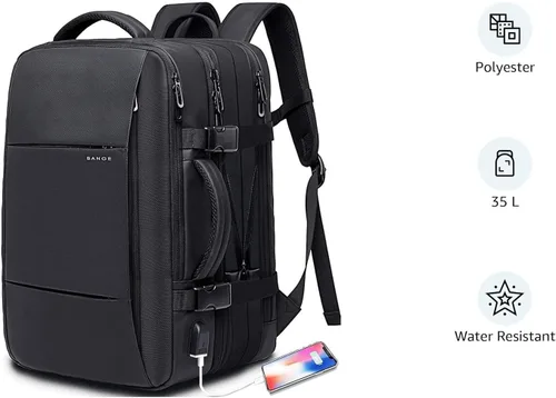 Miniatura 3 de BANGE Mochilas de viaje de 35L, mochila de mano expandible para aviones, mochila impermeable para laptop de 17.3 pulgadas para hombres y mujeres