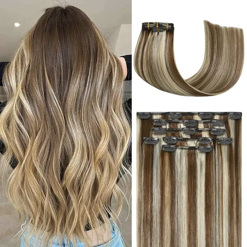 Miniatura 43 de Honsoo Extensiones de cabello humano real de color marrón con pinzas, marrón castaño, 15 pulgadas, 70 g, 7 unidades, cabello lacio sedoso y marrón