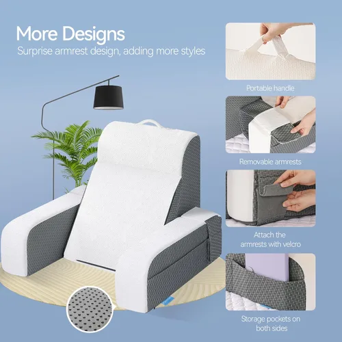 Miniatura 6 de Kayfia Almohada de lectura, almohada de espalda 10 en 1 para cama sentada con reposabrazos desmontable, almohada de respaldo con espuma