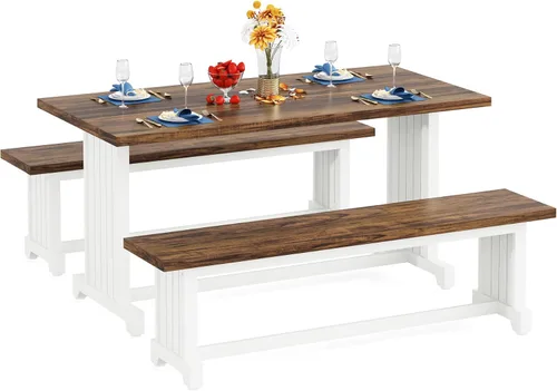 Miniatura 8 de Tribesigns Juego de mesa de comedor pequeña de 47 pulgadas para 2, mesa de cocina de 3 piezas con 2 bancos, muebles de cena de madera de granja