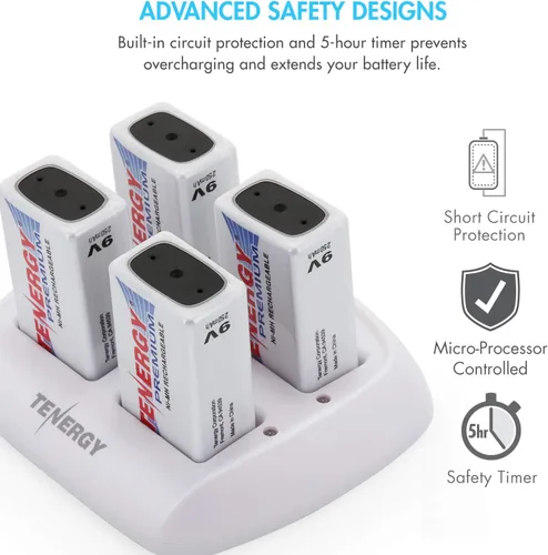 Miniatura 7 de Tenergy TN136 Cargador inteligente de 4 bahías 9V con 4 piezas Tenergy Premium 9V NiMH baterías recargables