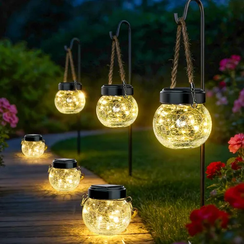 Miniatura 10 de ROSHWEY Paquete de 4 faroles solares de tamaño M para mujeres, luces solares colgantes para decoración de jardín, impermeables, con 15 LED